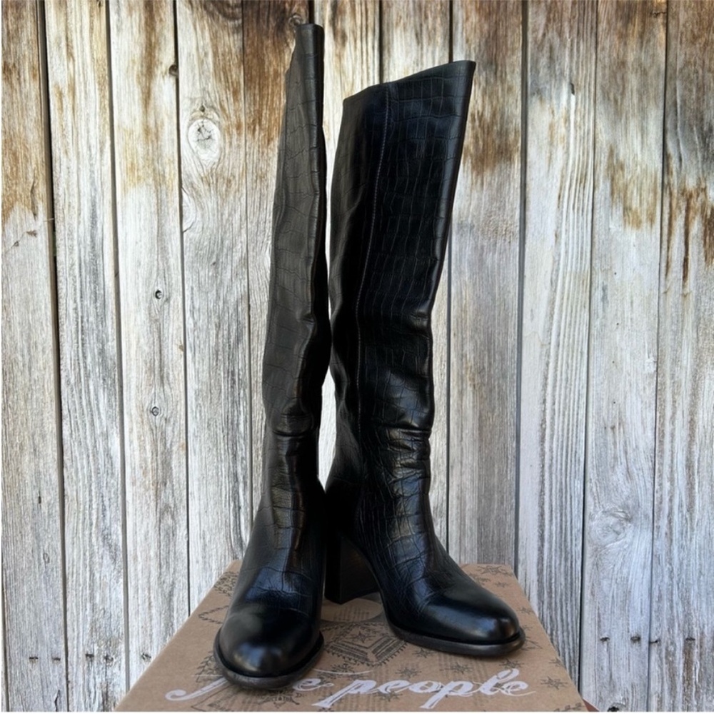 New Free People Grayson Tall Boot Leather Croc Print Black 37.5 - Picture 14 of 16
